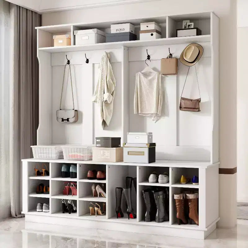 Meuble d'entrée blanc avec 18 casiers à chaussures, 160 cm de large, patères et rangement d'entrée