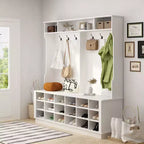 Meuble d'entrée blanc avec 18 casiers à chaussures, 160 cm de large, patères et rangement d'entrée