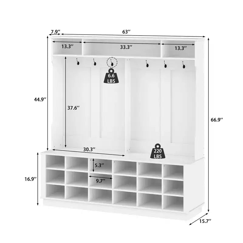 Meuble d'entrée blanc avec 18 casiers à chaussures, 160 cm de large, patères et rangement d'entrée