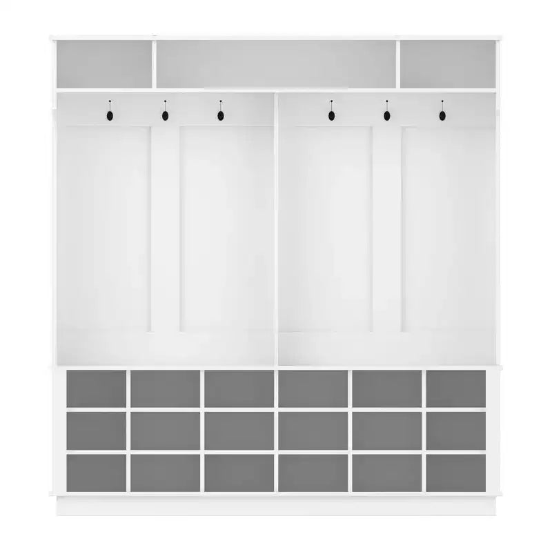 Meuble d'entrée blanc avec 18 casiers à chaussures, 160 cm de large, patères et rangement d'entrée
