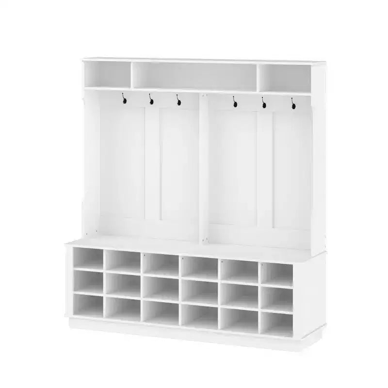 Meuble d'entrée blanc avec 18 casiers à chaussures, 160 cm de large, patères et rangement d'entrée