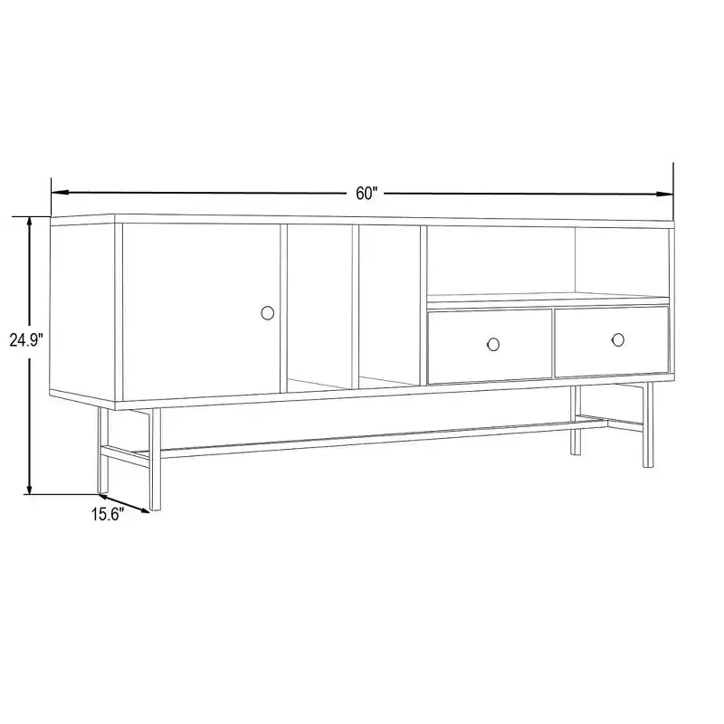 Meuble TV Rochester avec cadre en bois, rangement fermé et pieds en fer noir, meuble de divertissement moderne