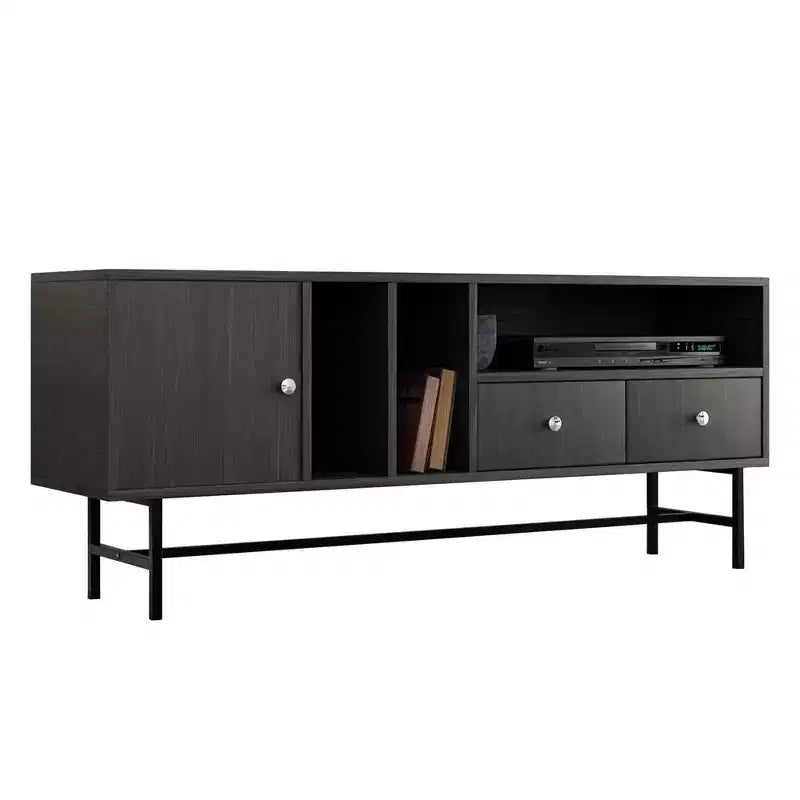 Meuble TV Rochester avec cadre en bois, rangement fermé et pieds en fer noir, meuble de divertissement moderne