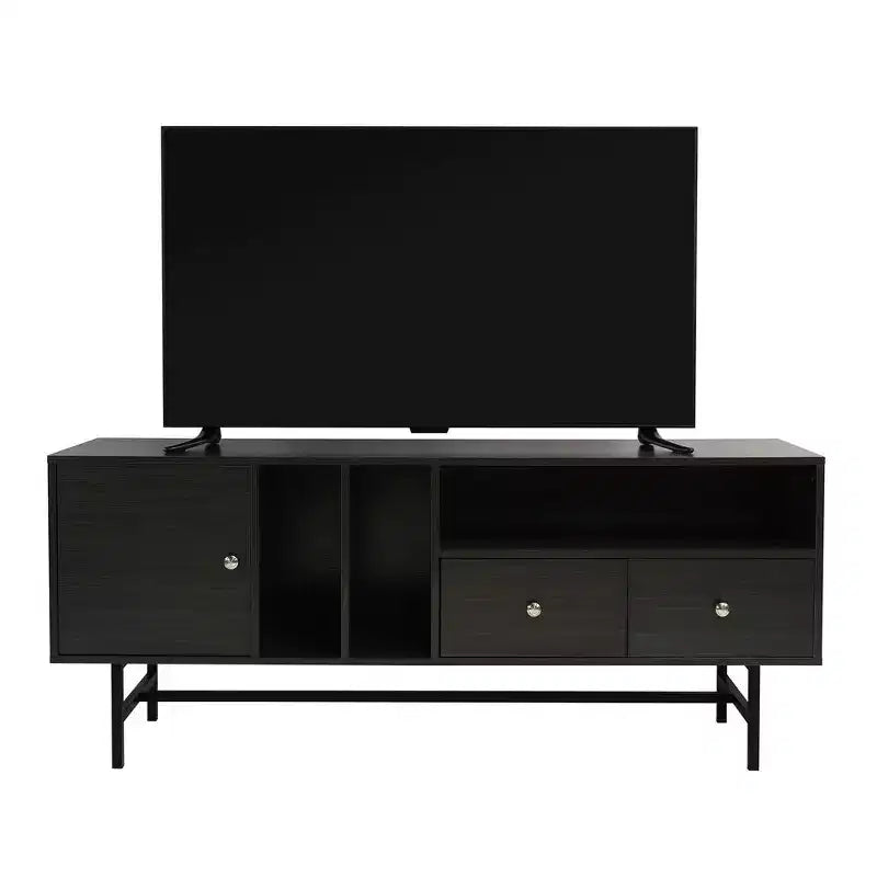 Meuble TV Rochester avec cadre en bois, rangement fermé et pieds en fer noir, meuble de divertissement moderne