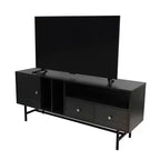 Meuble TV Rochester avec cadre en bois, rangement fermé et pieds en fer noir, meuble de divertissement moderne