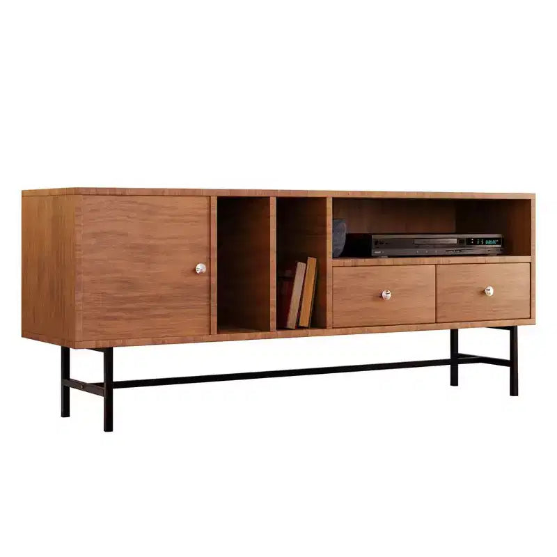 Meuble TV Rochester avec cadre en bois, rangement fermé et pieds en fer noir, meuble de divertissement moderne