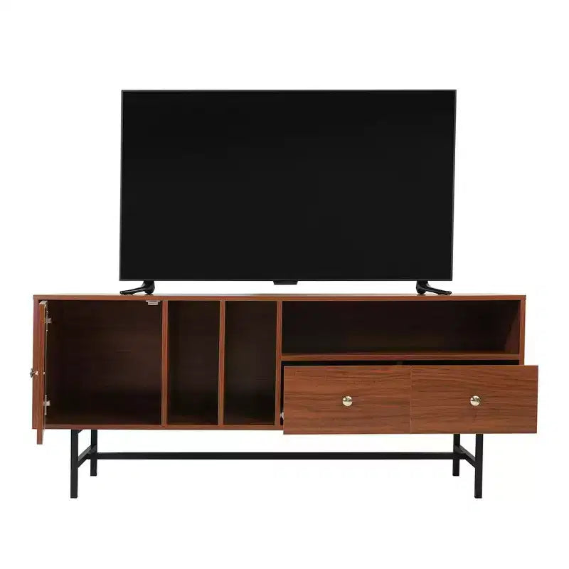 Meuble TV Rochester avec cadre en bois, rangement fermé et pieds en fer noir, meuble de divertissement moderne