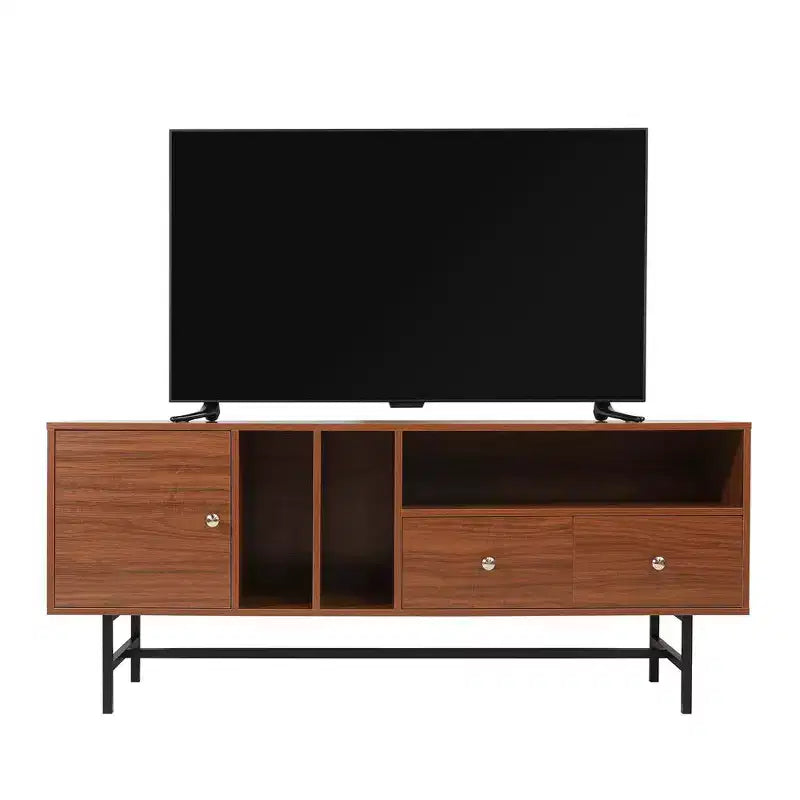 Meuble TV Rochester avec cadre en bois, rangement fermé et pieds en fer noir, meuble de divertissement moderne