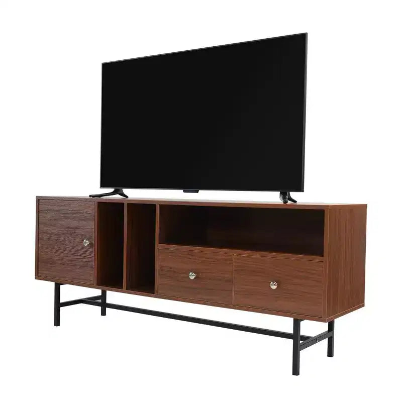 Meuble TV Rochester avec cadre en bois, rangement fermé et pieds en fer noir, meuble de divertissement moderne