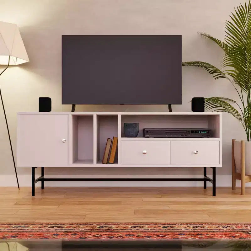 Meuble TV Rochester avec cadre en bois, rangement fermé et pieds en fer noir, meuble de divertissement moderne
