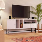Meuble TV Rochester avec cadre en bois, rangement fermé et pieds en fer noir, meuble de divertissement moderne