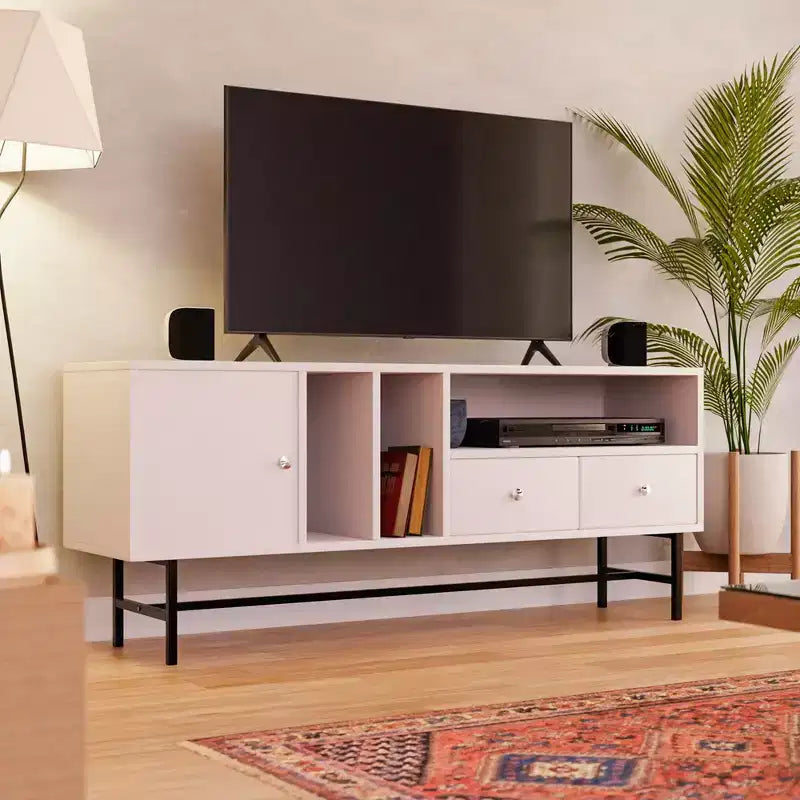 Meuble TV Rochester avec cadre en bois, rangement fermé et pieds en fer noir, meuble de divertissement moderne