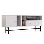 Meuble TV Rochester avec cadre en bois, rangement fermé et pieds en fer noir, meuble de divertissement moderne