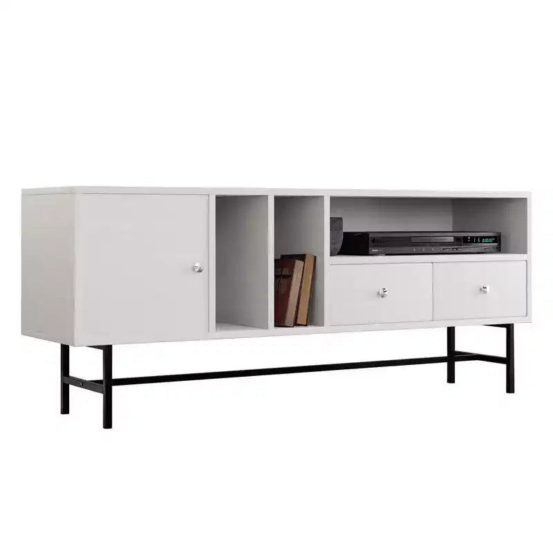 Meuble TV Rochester avec cadre en bois, rangement fermé et pieds en fer noir, meuble de divertissement moderne