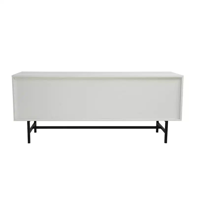 Meuble TV Rochester avec cadre en bois, rangement fermé et pieds en fer noir, meuble de divertissement moderne