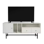 Meuble TV Rochester avec cadre en bois, rangement fermé et pieds en fer noir, meuble de divertissement moderne