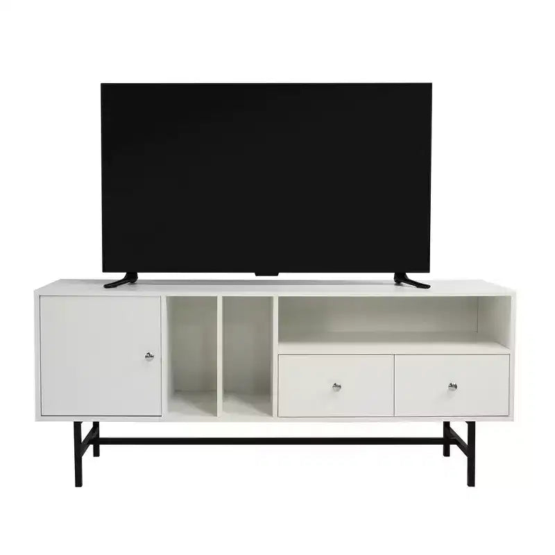Meuble TV Rochester avec cadre en bois, rangement fermé et pieds en fer noir, meuble de divertissement moderne