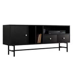 Meuble TV Rochester avec cadre en bois, rangement fermé et pieds en fer noir, meuble de divertissement moderne
