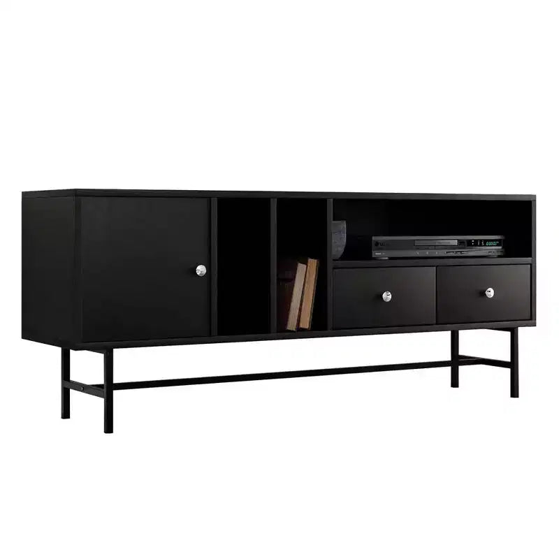 Meuble TV Rochester avec cadre en bois, rangement fermé et pieds en fer noir, meuble de divertissement moderne