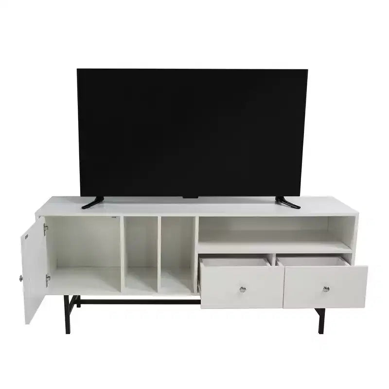Meuble TV Rochester avec cadre en bois, rangement fermé et pieds en fer noir, meuble de divertissement moderne