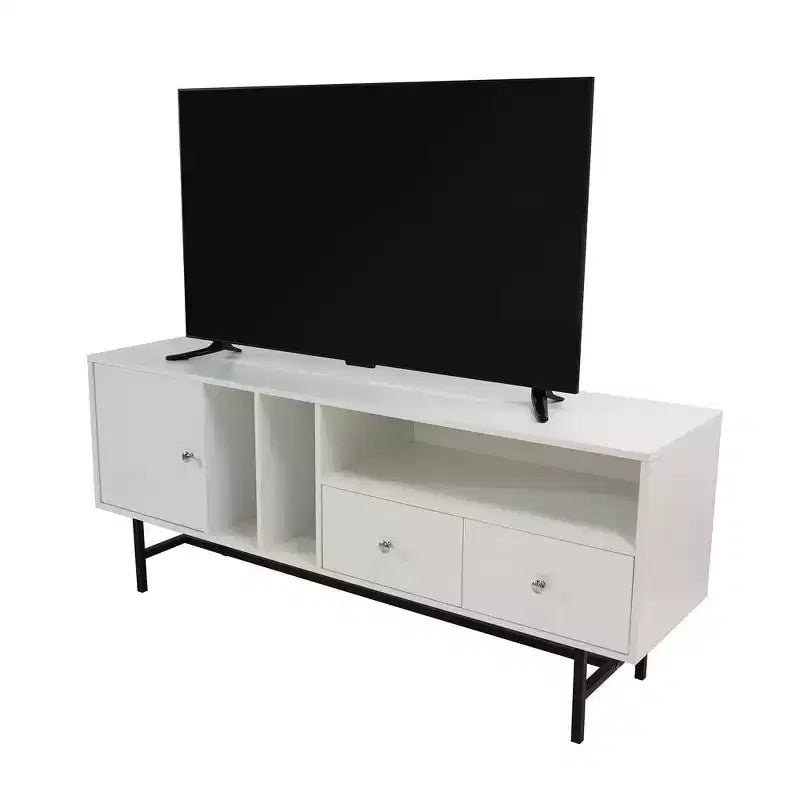 Meuble TV Rochester avec cadre en bois, rangement fermé et pieds en fer noir, meuble de divertissement moderne