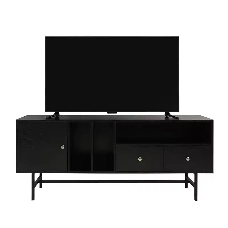 Meuble TV Rochester avec cadre en bois, rangement fermé et pieds en fer noir, meuble de divertissement moderne