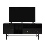 Meuble TV Rochester avec cadre en bois, rangement fermé et pieds en fer noir, meuble de divertissement moderne