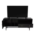 Meuble TV Rochester avec cadre en bois, rangement fermé et pieds en fer noir, meuble de divertissement moderne