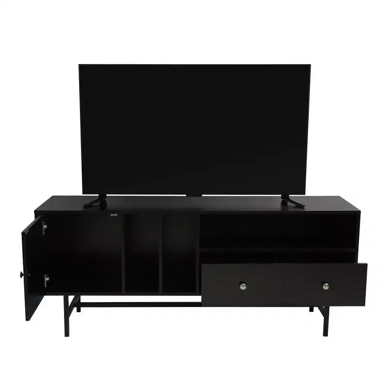 Meuble TV Rochester avec cadre en bois, rangement fermé et pieds en fer noir, meuble de divertissement moderne