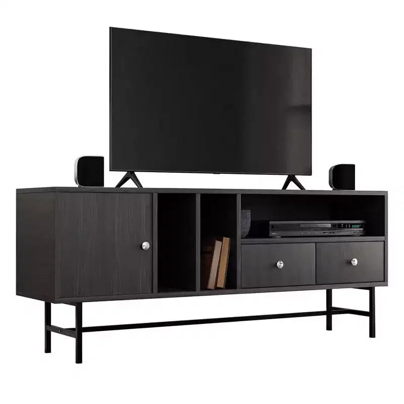 Meuble TV Rochester avec cadre en bois, rangement fermé et pieds en fer noir, meuble de divertissement moderne