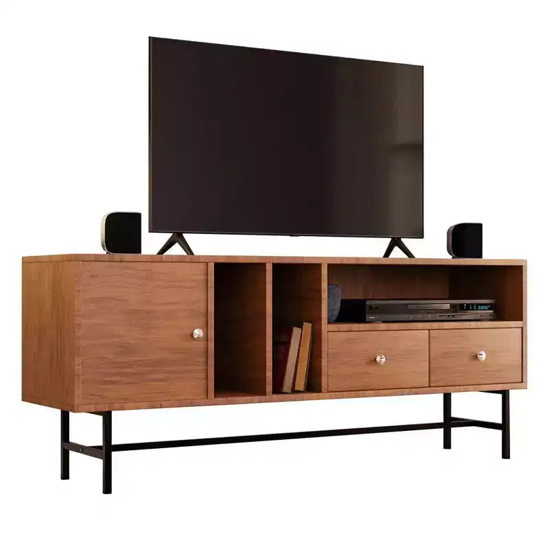 Meuble TV Rochester avec cadre en bois, rangement fermé et pieds en fer noir, meuble de divertissement moderne
