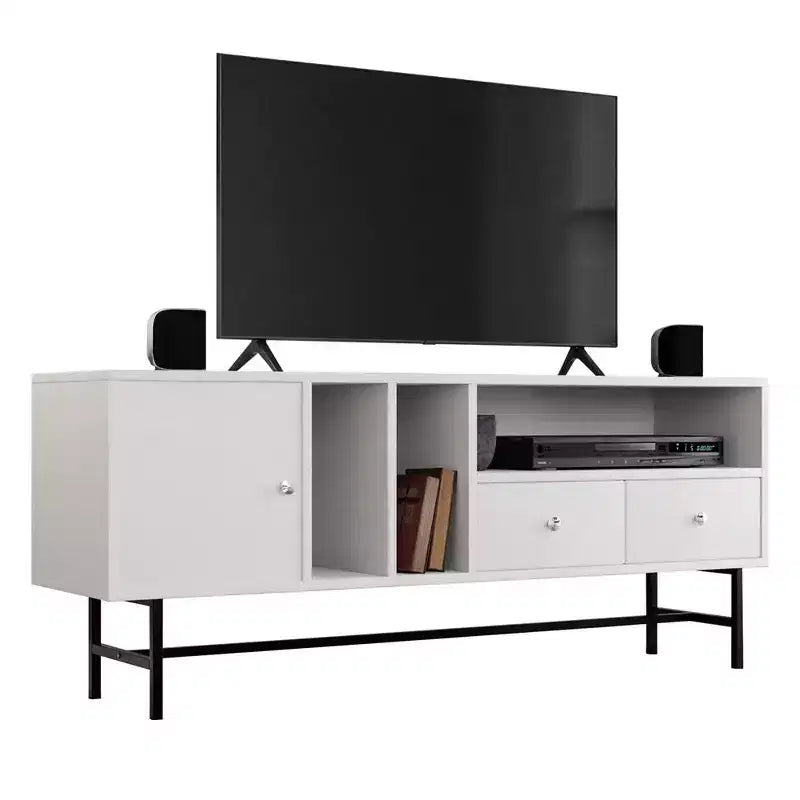 Meuble TV Rochester avec cadre en bois, rangement fermé et pieds en fer noir, meuble de divertissement moderne