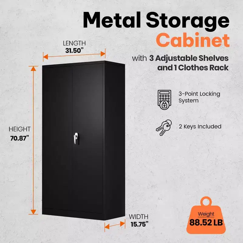 Grande armoire de rangement en métal avec 3 étagères réglables, tringle à vêtements et portes verrouillables