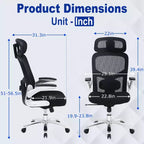 Chaise de bureau ergonomique en maille dossier haut grande taille avec support lombaire, accoudoirs relevables et appui-tête, noir