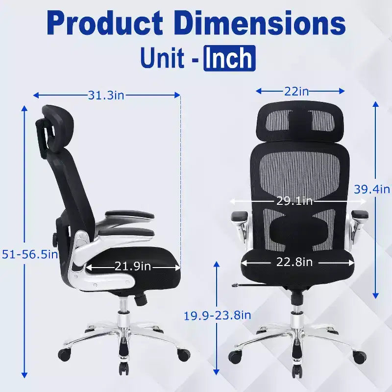 Chaise de bureau ergonomique en maille dossier haut grande taille avec support lombaire, accoudoirs relevables et appui-tête, noir