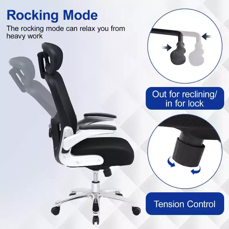 Chaise de bureau ergonomique en maille dossier haut grande taille avec support lombaire, accoudoirs relevables et appui-tête, noir