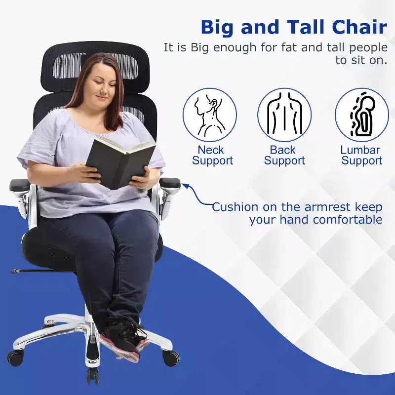 Chaise de bureau ergonomique en maille dossier haut grande taille avec support lombaire, accoudoirs relevables et appui-tête, noir