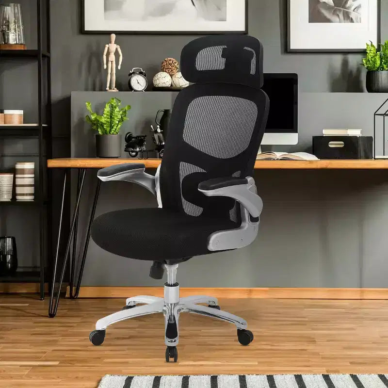 Chaise de bureau ergonomique en maille dossier haut grande taille avec support lombaire, accoudoirs relevables et appui-tête, noir